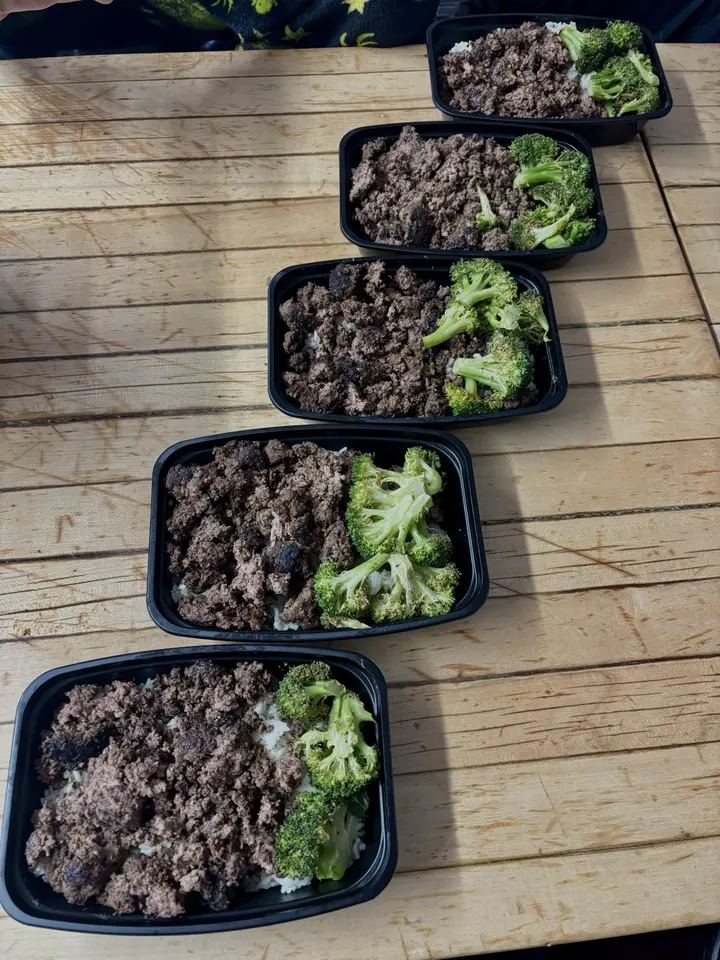 Big Beef meal prep boxes with rice and broccoli