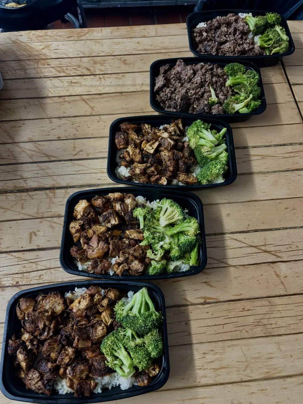 Chicken and Beef meal prep boxes arranged on a table